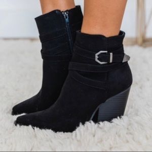 Qupid Black Suede Ankle Wrap Bootie Block Heel